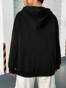 Flirla Plus Slogan Graphic Kangaroo Pocket Drop Shoulder Drawstring Hoodie - Black - View 2