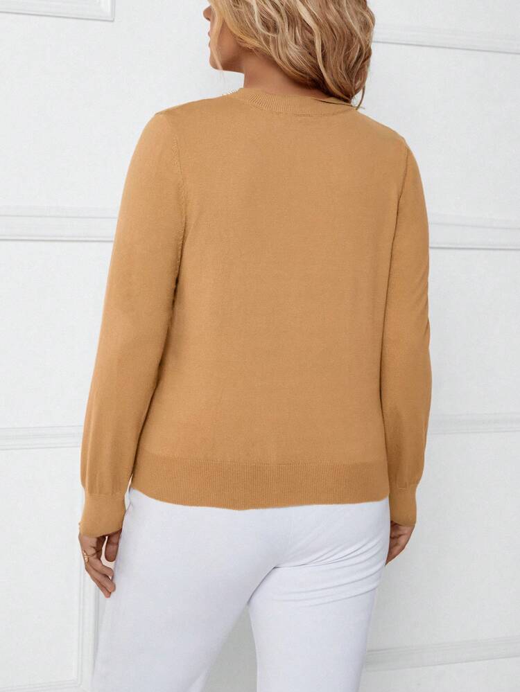 Plus Faux Pearls Beaded Round Neck Sweater Knit Pullover Fall Winter Sweater