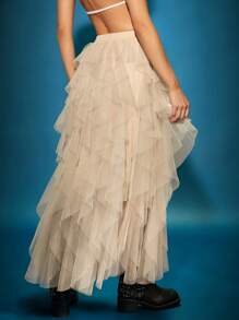 Hauture 純色分層荷葉邊網紗裙 - 杏色 - 查看 2