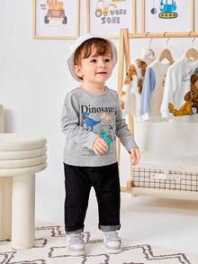 嬰兒男童卡通恐龍圖案圓領套頭毛衣,長袖設計 - 淺灰色 - 查看 6