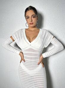 Zolique Solid Batwing Sleeve Sweater Dress With Arm Sleeves Fall Cloth For Women - White - View 4