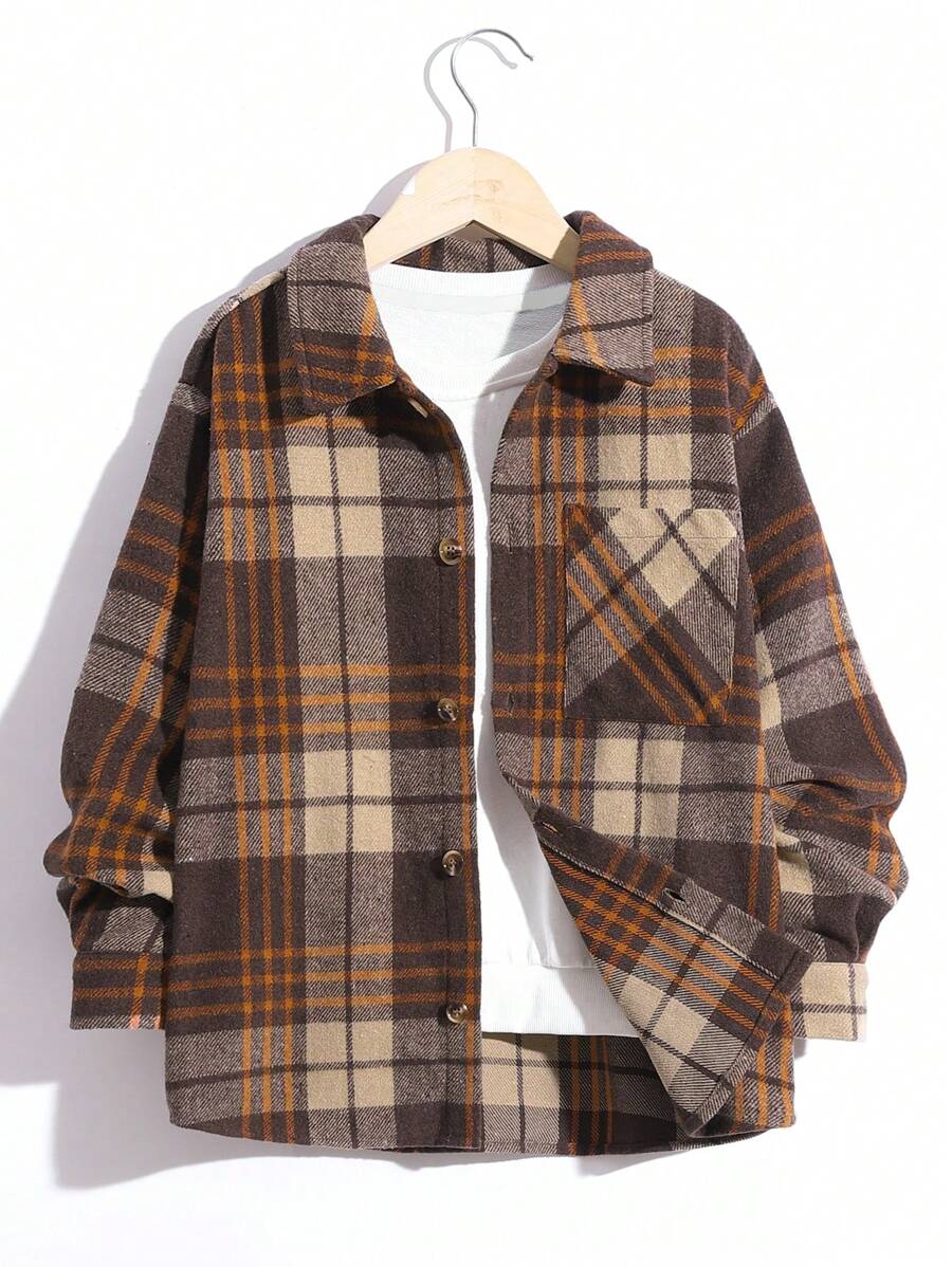 SHEIN Con trai Lỏng lẻo phù hợp Giải trí Vòng cổ Kẻ sọc Áo sơ mi - Màu Khaki - Xem 1