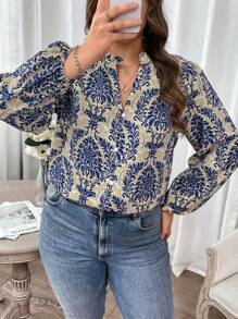 SHEIN CURVE+ 波西米亞全身印花加大襯衫 - 藍色 - 查看 2