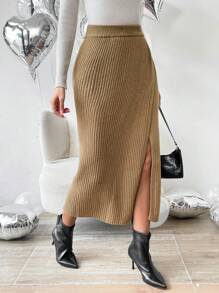 Chiquease Split Thigh Knit Skirt - Camel - View 4