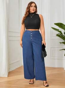 SHEIN Privé 大尺碼純棉直筒褲 - 藍色 - 查看 4