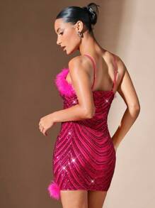 SHEIN BAE Christmas Patchwork Frayed Hem Slim Fit Bodycon Spaghetti Strap Dress - Pink - View 2