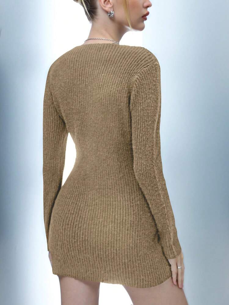 Solid Ribbed Knit Sweater Dress Fall Cloth For Women