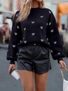 SHEIN LUNE Women's Heart Pattern Lantern Sleeve Sweater - Black - View 5