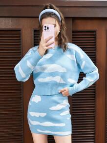 SHEIN EZwear 雲紋下垂肩毛衣&針織裙裝 - 藍白色 - 查看 4