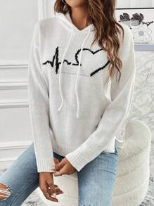 SHEIN LUNE Heart Pattern Drop Shoulder Drawstring Hooded Split Hem Sweater