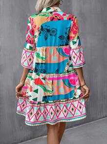 Breezaya Geo Print Flare Sleeve Ruffle Hem Smock Dress