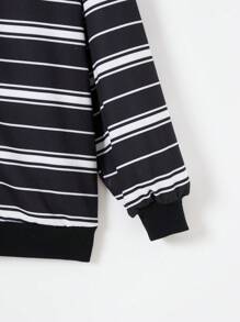 SHEIN EZwear 條紋印花字母圖案落肩袖抽繩連帽衫 - 黑與白 - 查看 3