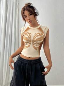 SHEIN Unity In bướm Crop Tank Top - màu nâu - Xem 1
