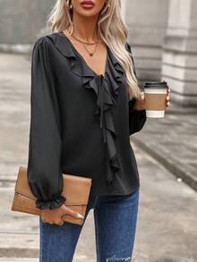 SHEIN Clasi Viền Ruffle Tay áo loe Áo sơ mi - màu đen - Xem 3