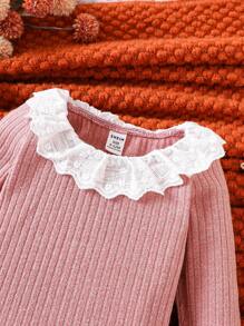 Bebé niña Top con encaje en contraste ribete con fruncido de manga amplia - Rosa - Ver 6