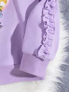 SHEIN 女大童花卉圖案&獨角獸印花褶邊加絨內裏套頭衫 - 紫色 - 查看 3