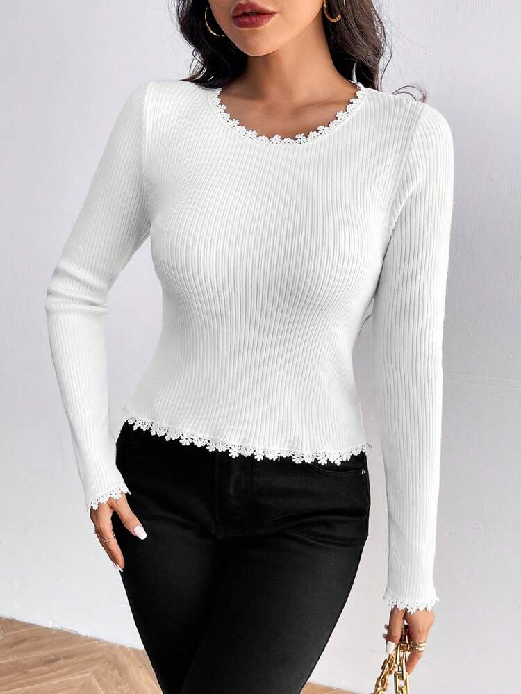 Lettuce Trim Ribbed Knit Sweater