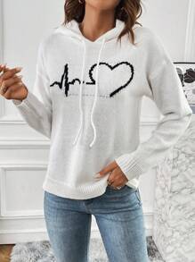 SHEIN LUNE Heart Pattern Drop Shoulder Drawstring Hooded Split Hem Sweater