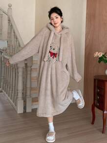 DAZY Cat Embroidery Raglan Sleeve Drawstring Hooded Teddy Lounge Dress - Khaki - View 4