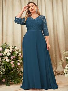 MIUSOL 加大花朵蕾丝撞色雪纺七分袖正式派对长裙、节日女式长裙、优雅女式派对裙、正式晚礼服、舞会礼服、婚礼宾客、毕业典礼、晚宴 - 霧霾藍 - 查看 5