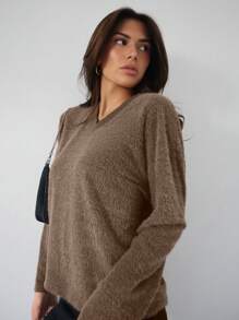 SHEIN Essnce 純色毛絨 T 卹 - 咖啡棕 - 查看 4