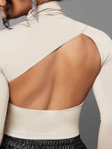 SHEIN BAE Chất rắn Cổ cao Không lưng Áo thun - Màu be - Xem 3