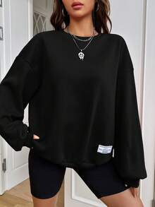 SHEIN EZwear 素色字母補丁細節落肩袖加絨內裏運動衫 - 黑色 - 查看 7