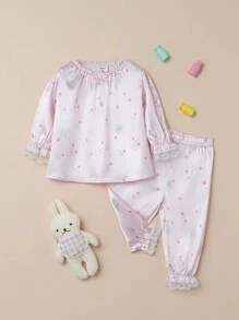 Infant Girls' Floral Print Top And Pants Home Clothes Set - Baby Pink - View 1