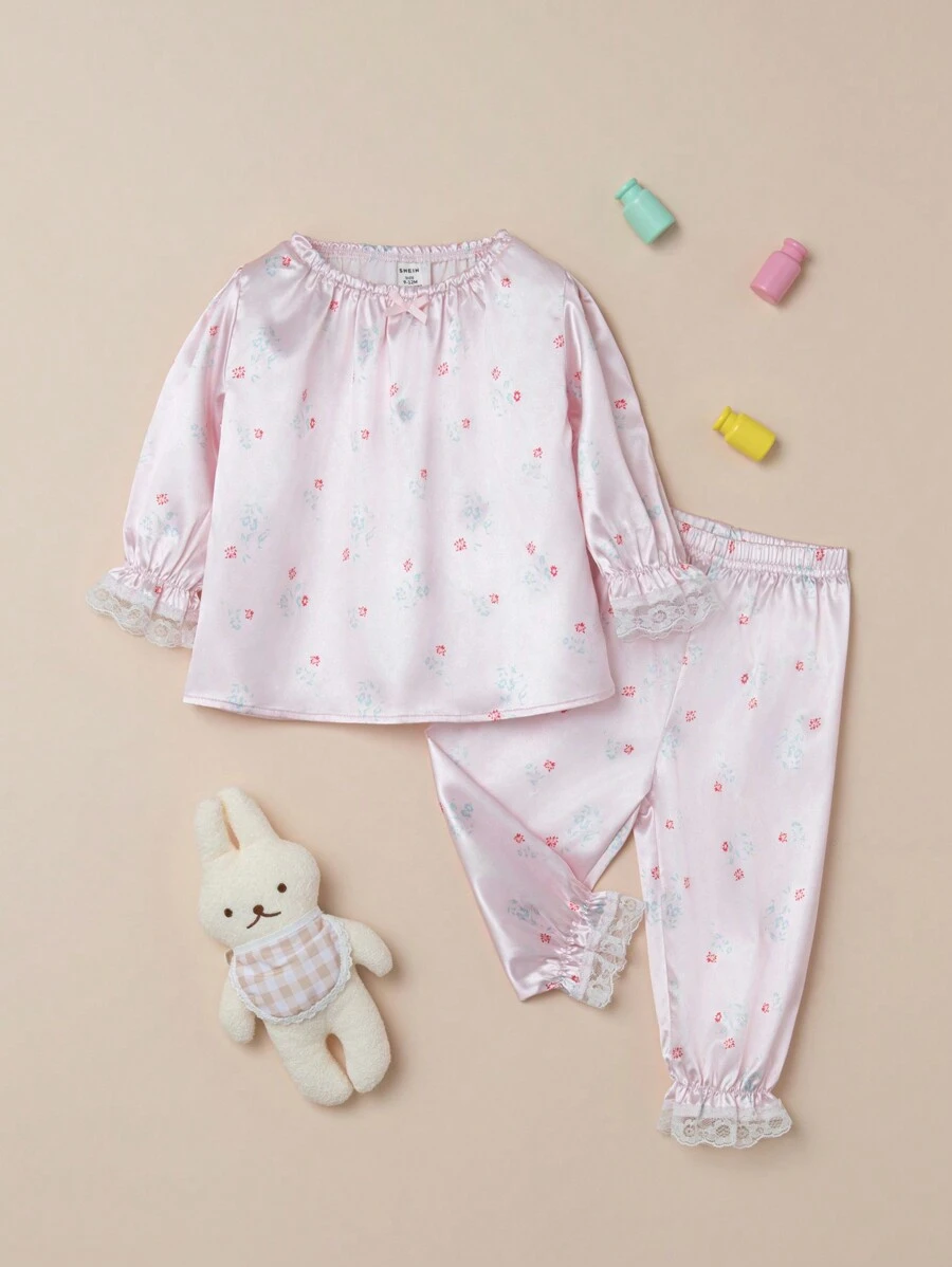 Infant Girls' Floral Print Top And Pants Home Clothes Set - Baby Pink - View 1