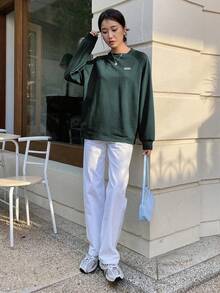 DAZY Letter Patched Raglan Sleeve Tee - Dark Green - View 5