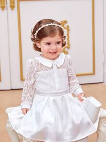 SHEIN Baby Girls' Elegant Lace Spliced Satin Long Sleeve Peter Pan Collar Dress Party Outfit - White - View 5