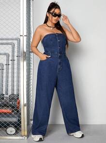 SHEIN ICON Plus Size Denim Strapless Jumpsuit - Blue - View 3