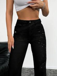 EURMUSE Jeans Hose Mit Nieten Gürtel Dekoration - Schwarz - Übersicht 4