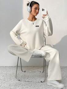 SHEIN Unity Conjunto de 2 piezas de top de manga larga con hombros caídos y pantalones de punto waffle para mujer - Albaricoque - Ver 6