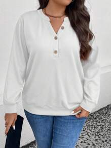 SHEIN LUNE Plus Half Button Sweatshirt - White - View 6