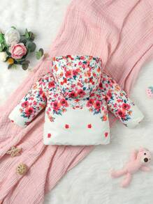 女婴花卉印花连帽棉服外套 - 粉色 - 查看 2