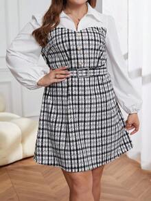 SHEIN Privé 大尺寸格紋印花羈扣細節燈籠袖束帶連身裙 - 彩色 - 查看 3