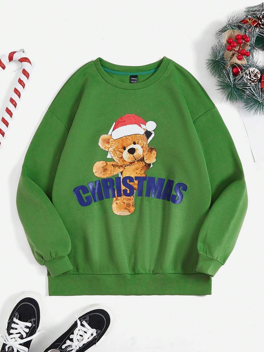 SHEIN EZwear Giáng sinh Đồ họa chữ cái & Gấu Thả vai Áo nỉ - màu xanh lá - Xem 1