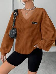 SHEIN EZwear Chi tiết Patched thư Thả vai Áo nỉ - màu nâu - Xem 4