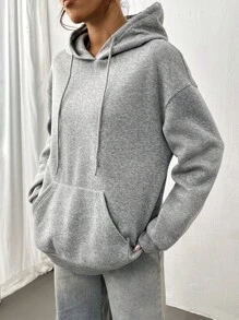 SHEIN Unity Sudadera con capucha de caída de hombros con cordón, estampado de eslogan y mariposa, sudadera de otoño - Gris Claro - Ver 4