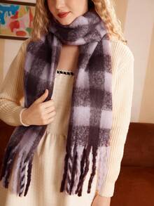 SHEIN MOD Plaid Print Fringe Edge Fashionable Scarf - Baby Pink - View 2