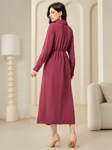 Modelyn Women's Shawl Collar Ruffle Pleated Dress - Dusty Pink - View 2