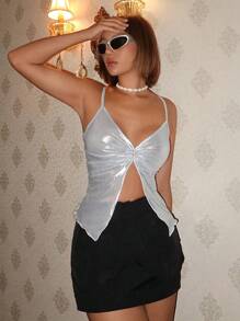 SHEIN ICON Twist Front Metallic Cami Top - Silver - View 6