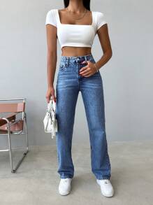 EURMUSE Casual High Waist Straight Leg Jeans - Royal Blue - View 5