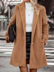 SHEIN Clasi Của phụ nữ Đứng cổ áo Ngực đơn Len áo - Màu be - Xem 4