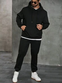 Manfinity Homme 男士大码袋鼠口袋抽繩連帽衫和運動褲 - 黑色 - 查看 6