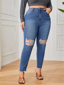 SHEIN Privé 大碼高腰破洞毛邊緣緊身牛仔褲 - 藍色 - 查看 6