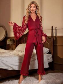 SHEIN Contrast Heart Mesh Flounce Sleeve Belted PJ Set / Pajama Set, Fall Winter Clothes - Burgundy - View 3