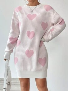 SHEIN Unity Heart Pattern Drop Shoulder Sweater Dress Fall Winter Cloth For Women - Baby Pink - View 4