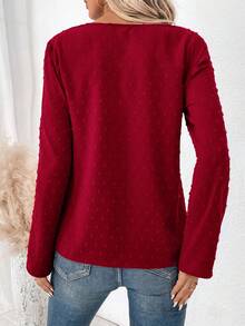 SHEIN LUNE 拉鍊半釦紋點織物恤衫,卷起袖子款式 - 酒紅色 - 查看 2